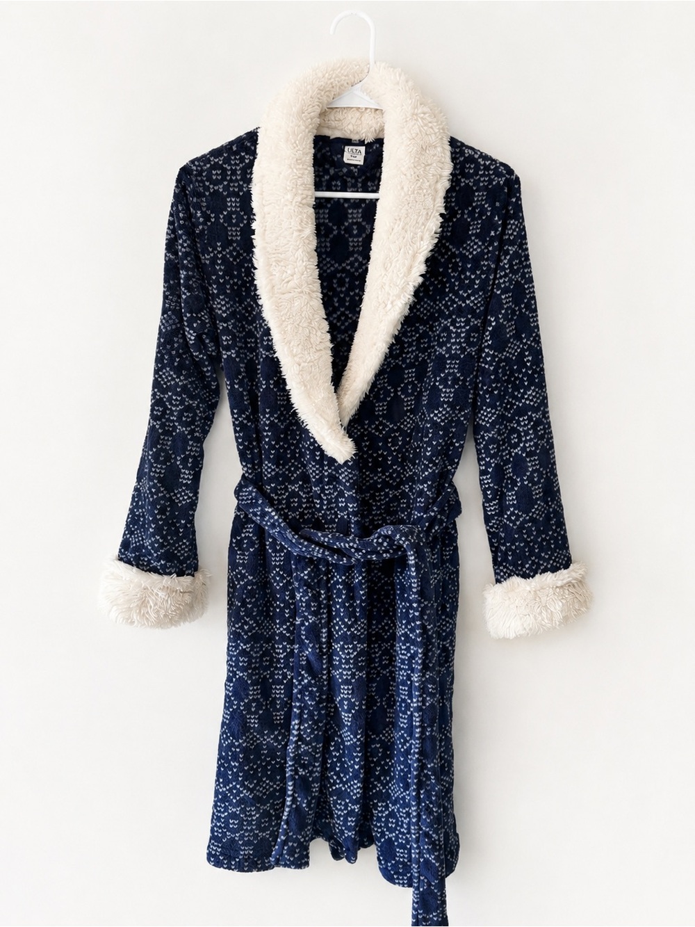 Ulta Plush Sherpa Trim Robe S/M Navy Fair Isle Cozy Lounge